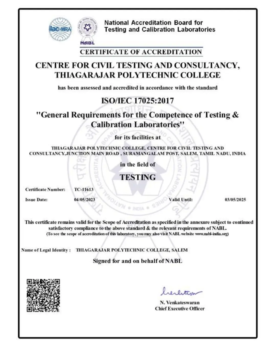 NABL Accreditation Certificate — ISO/IEC 17025:2017, Certificate No. TC-11613